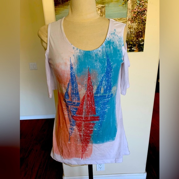 Pretty, summer, cold shoulder top, with sailboat BUNDLE 2 OR MORE FOR THIS PRICE - Picture 1 of 5